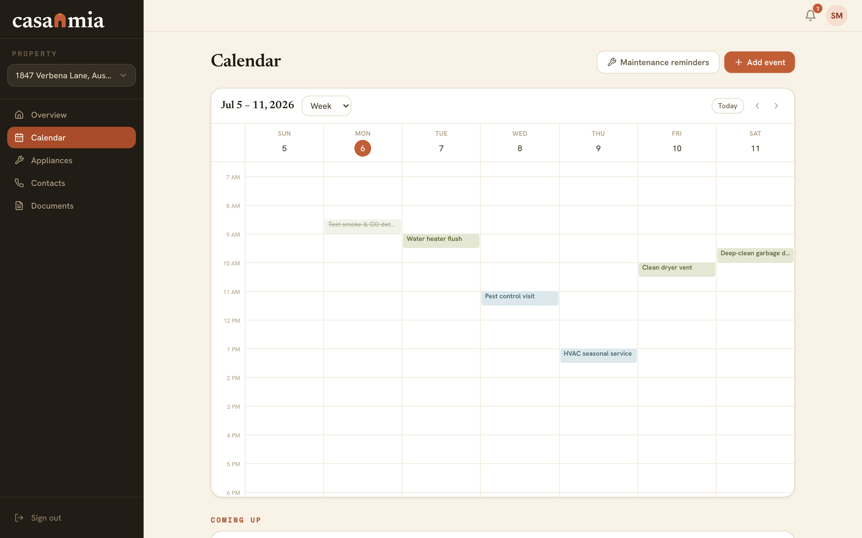 Casamia home calendar with maintenance tasks, appointments and warranty expirations