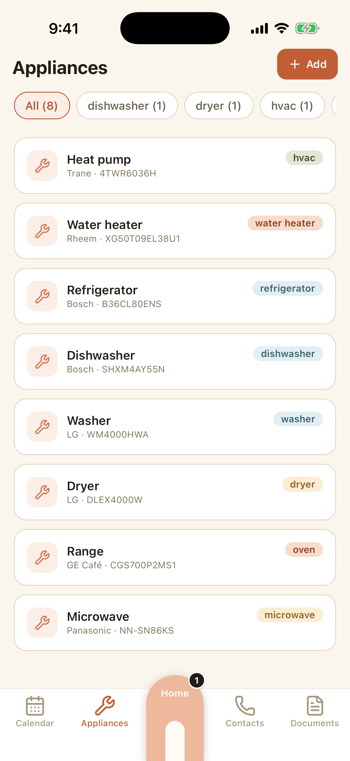 Casamia app appliance list with brands, model numbers and category tags