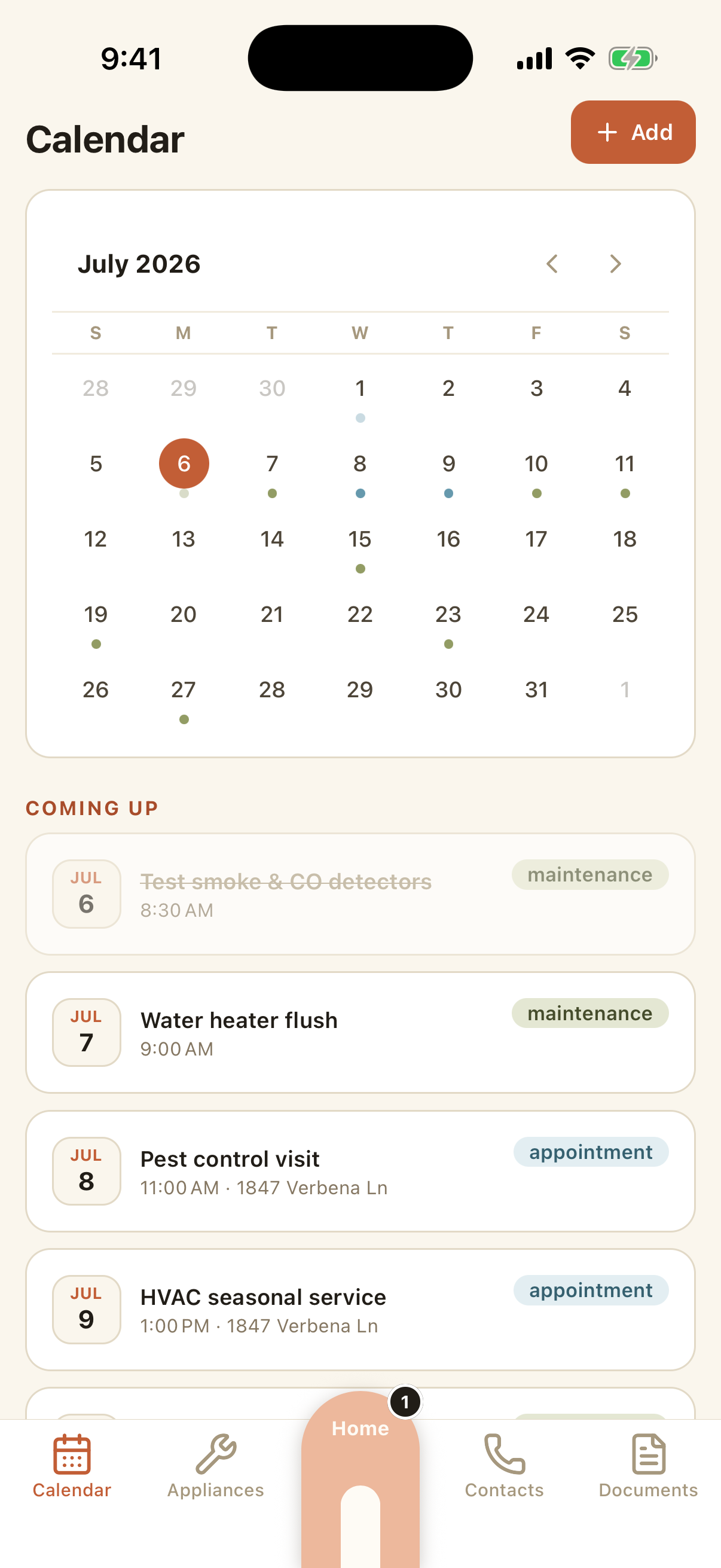 Casamia app calendar with this month's maintenance tasks and appointments